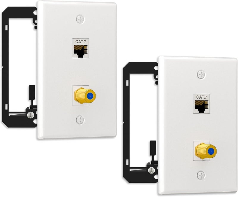 FGBB 2 Pack Single Gang Ethernet Coax Wall Plate with Mounting Bracket, 1 Cat7 Shielded Ethernet Port and 1 Gold-plated Coax F Type Port, 2 Port Female to Female Keystone wall plate - Image 1